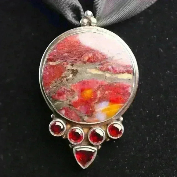 .925 Sterling Silver Brecciated Jasper Pendant w/ Garnet Accents- Handmade Boho - Picture 6 of 16